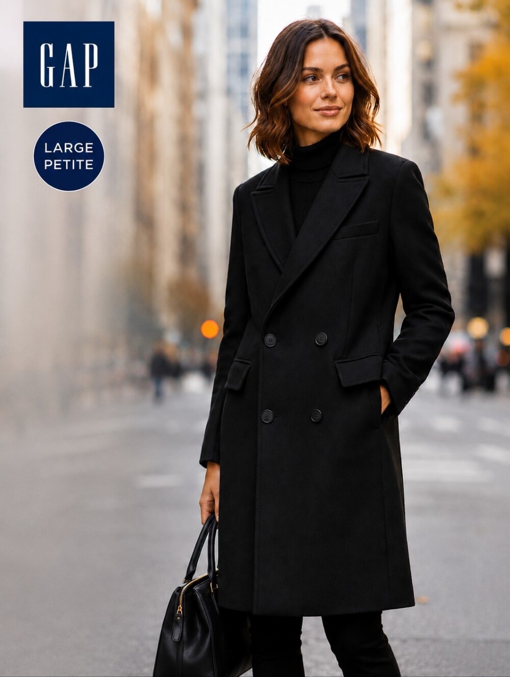 GAP Timeless Tailored Wool Blend Coat | Black Double Breasted |LgPetite|Like New - Picture 1 of 9